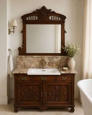 Mueble de baño antiguo restaurado con espejo tallado